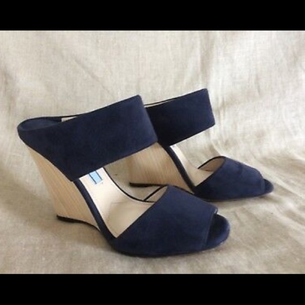 Prada Sandals Blue Suede Wedge Heel Slide 5.5 - Picture 2 of 8